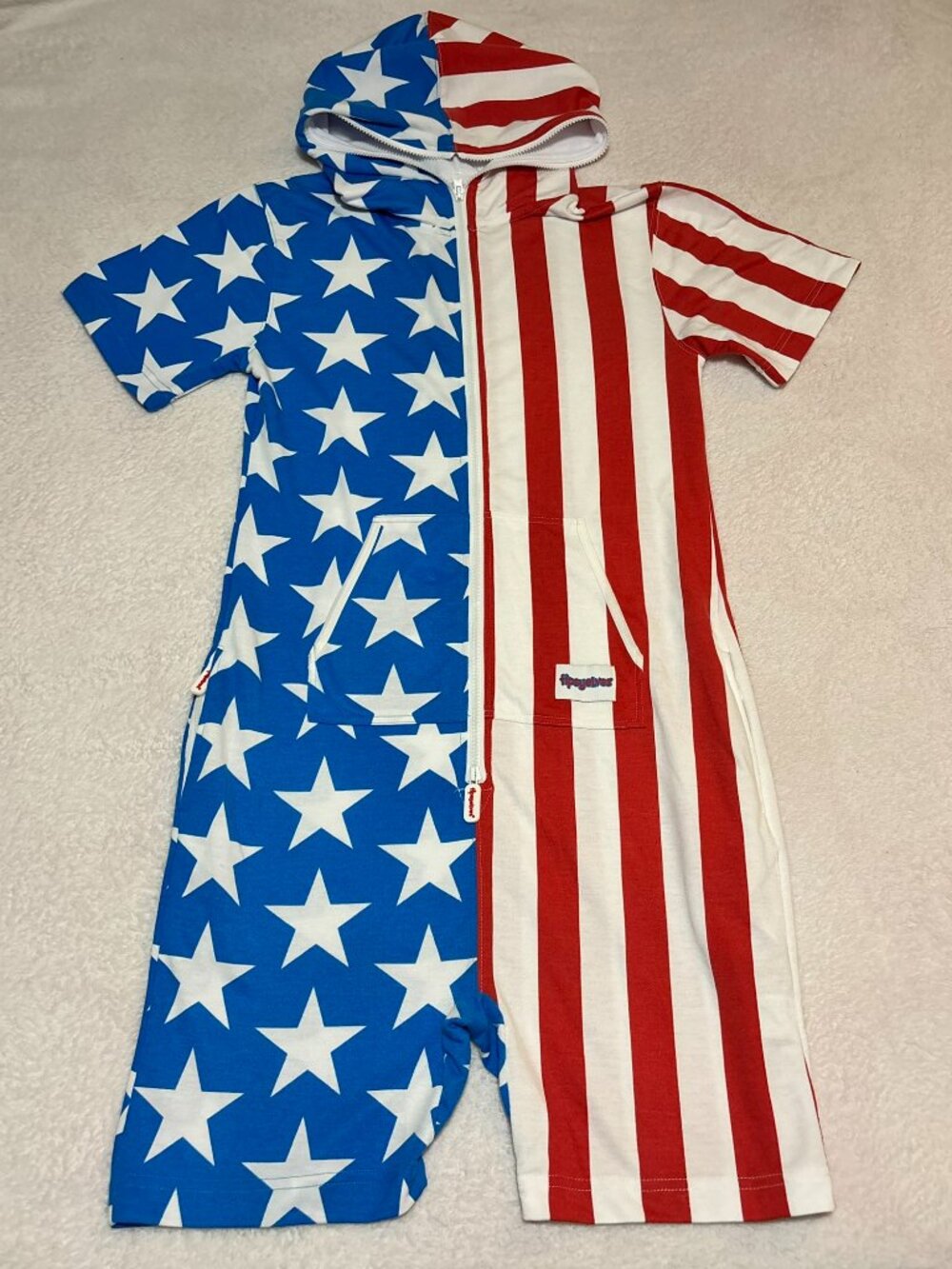 Tipsy Elves Patriotic American Flag Short Sleeve Hooded Romper Onesie Small
